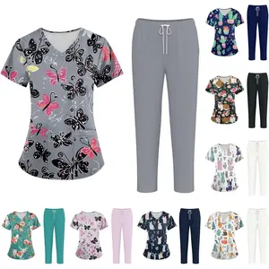 Printed Stretch Scrub Set - V-Neck Top & Straight Leg Pants with Pockets