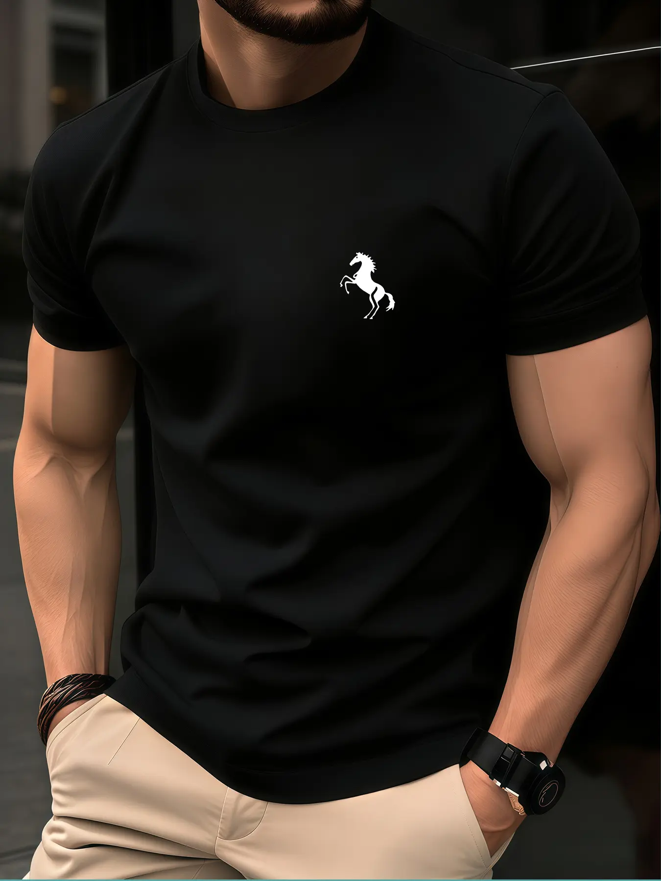Minimalist PONY Badge Print T-Shirt, Retro Fan Style Casual All-Match Commute Comfortable Breathable Round Neck Top