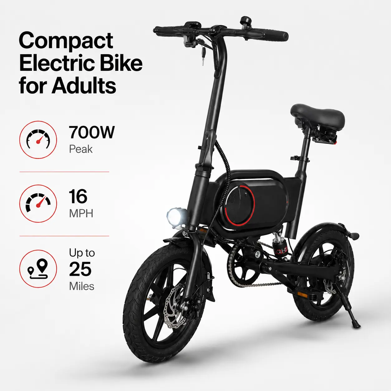 700W Motor Adult Commuter Bicycle - 14-Inch Fixed Size Compact E-Bike, 16 MPH Max Speed, 40 KM Range, Multi-Function Suspension, Max 265lbs Capacity, UL 2849 Certified for Daily Commute, Unisex Adult