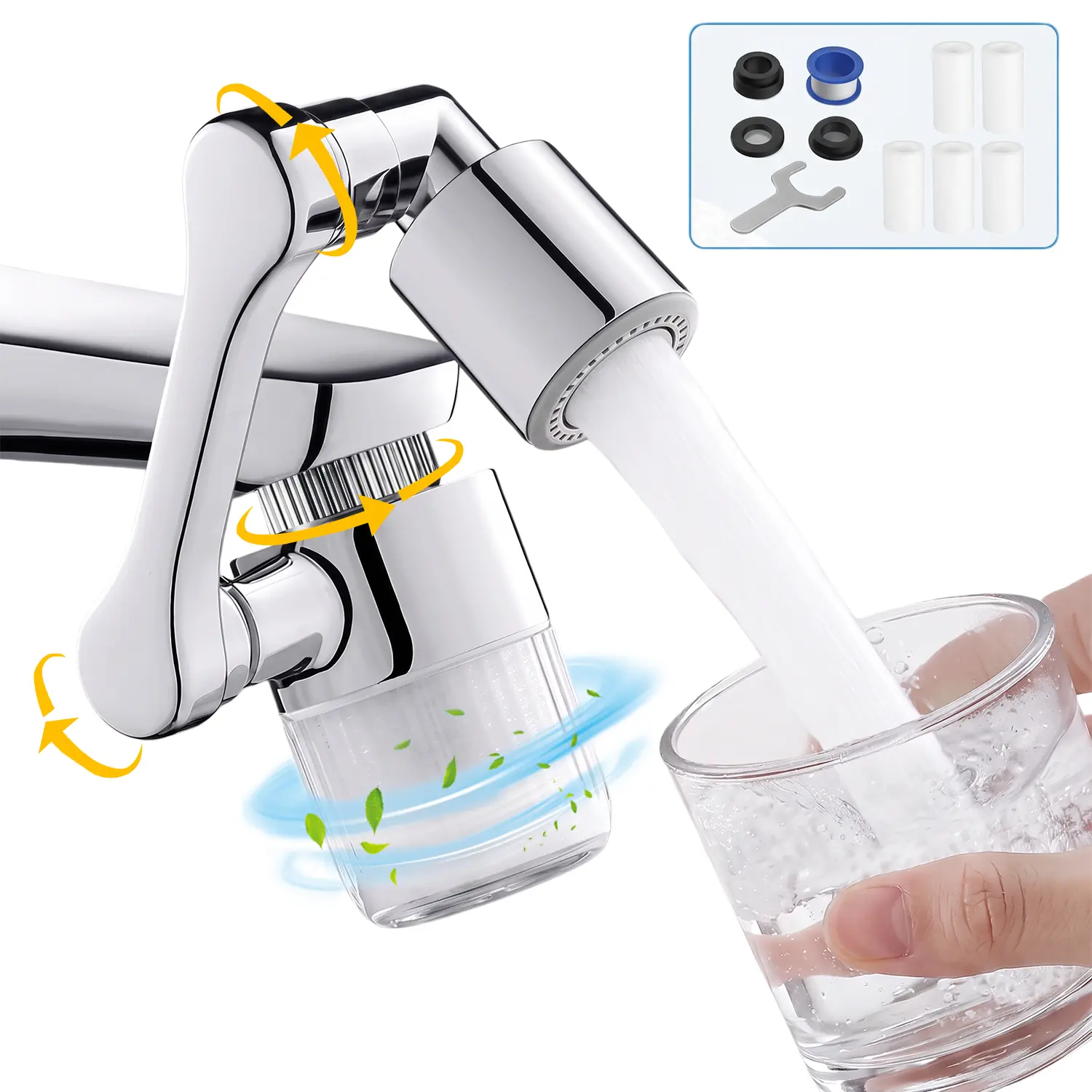 3D Swivel Faucet Aerator Filter Set, 360° Rotatable Sink Faucet Extender with Anti-Splash Soft Water Flow, Clear Filter Housing, 5 Replacement Cartridges & Universal Adapter