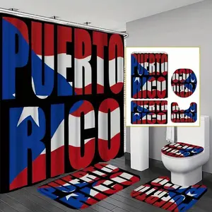 Proud Puerto Rico Pattern Bathroom Decorations, 4 CountsSet Including Shower Curtain Sets & Toilet U-shape Mat & Toilet Lid Cover & Rectangular Mat, Bathroom Accessories