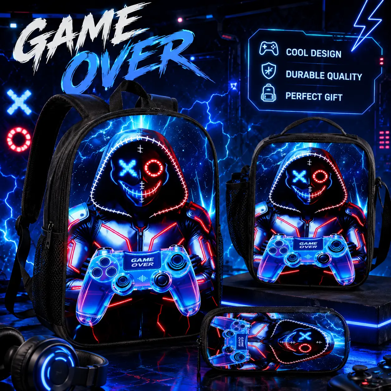 Kids Backpack for Boys,3D Reflective Gaming School Backpack with Sling Bag, Insulated Lunch Bag, Boys Backpack for Elementary Middle School Students, Gamer Bookbag for Kids Ages 3+ (Blue Game)