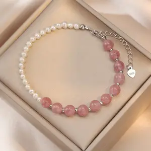 S925 Strawberry Quarz Bracelet for Women Natural Strawberry Crystal Freshwater Pearl Bracelet Simple Bracelet Lucky Bead Crystal Bracelet