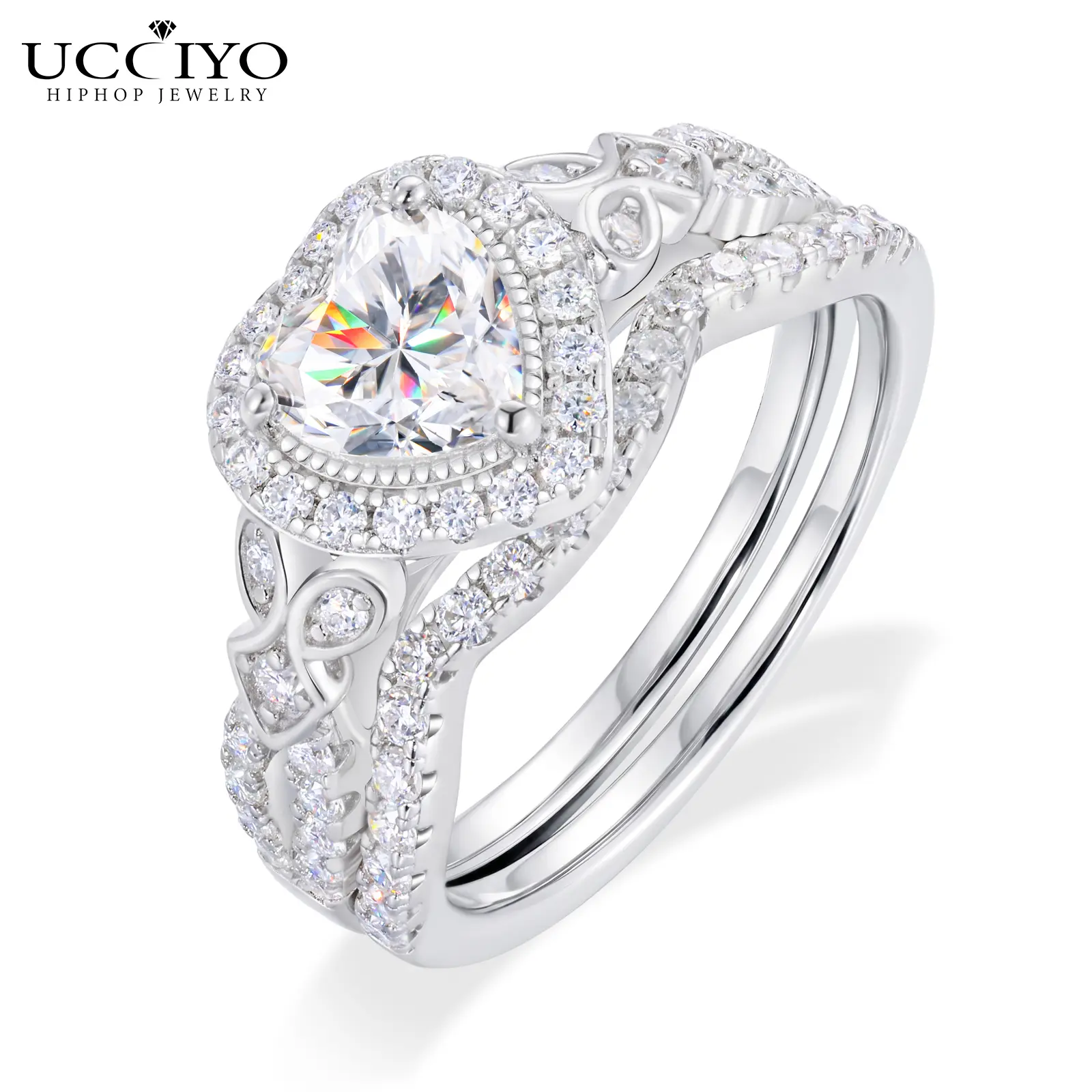 UCCIYO 2PCS S925 Sterling Silver Heart-Shaped Lab-Created Moissanite Promise Ring Set for Women, Stackable Bridal Ring Guard, Sparkly Anniversary Valentine Gift Jewelry summerwins【#R762】