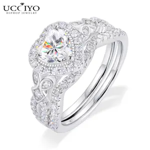 UCCIYO 2PCS S925 Sterling Silver Heart-Shaped Lab-Created Moissanite Promise Ring Set for Women, Stackable Bridal Ring Guard, Sparkly Anniversary Valentine Gift Jewelry【#R762】 summerwins