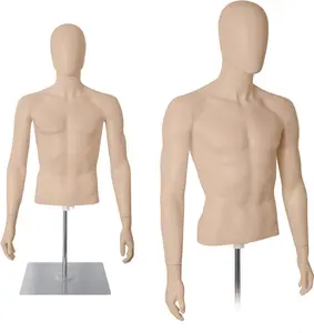Male Half Body Mannequin Torso with Stand Skin Dress Form Plastic Detachable Manikin Stand Height 32-48 High Stability Metal Base Hair Weft Extensions Hair Pieces