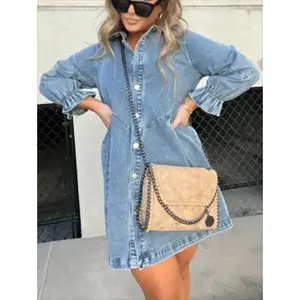 2025 Women’s Summer Washed Shirt-Denim Skirt Dress – Lantern Sleeves, Loose Fit, Cute