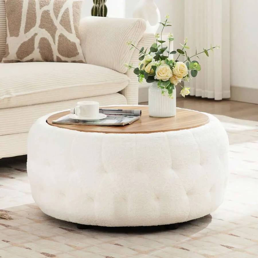 Large Round Classic Storage Ottoman Coffee Table, Modern Upholstered Ottoman with Wooden Top, Soft Teddy Fabric Surface, for Living Room