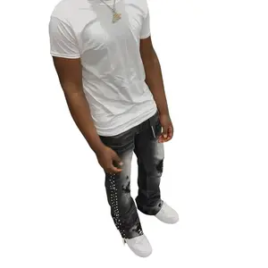Men’s Black stacked flare jeans with rhinestones Streetwear Pants
