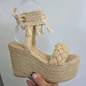 Nana 12 cm Height Straw Espadrille Wedge Sandals with Tassel Details & Clear Strap for Summer