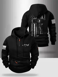 Autumn Winter Design Zipper Thick Hoodie, American Flag Print Casual Fashion, Loose-Fitting Sportswear for Outdoor Leisure