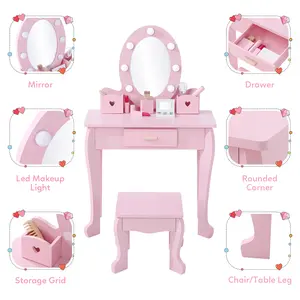 Kids Vanity Table & Chair Set – Wooden Makeup Playset with Mirror & Touch Lights, Stool Included, for Girls Ages 4-9 – Perfect for Princess Dressing & Pretend Play