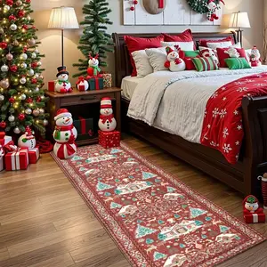 Christmas Velvet Rug with Santa Claus, Reindeer, Snowman, Gingerbread Man Design, Washable Runner Carpet for Living Room & Bedroom Decor