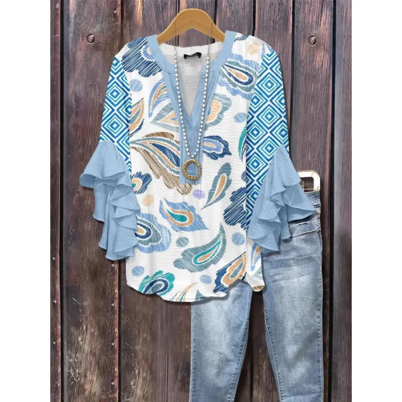 Plus Size Women's Ruffled Sleeve V-Neck Shirt Blouse Tops, Elegant Floral Design, Comfortable and Stylish, Perfect for Everyday Casual Wear