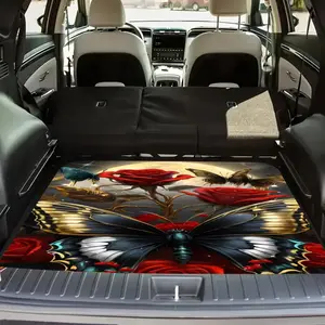 1pc Butterfly Floral Print Polyester Car Trunk Mat - Soft, Durable, Non-Slip, Machine Washable Cargo Liner for SUVs and Cars, Car Accessory, Easy-to-Clean Interior Mats with Stylish Elegant Design, Keeps Interiors Clean and Tidy