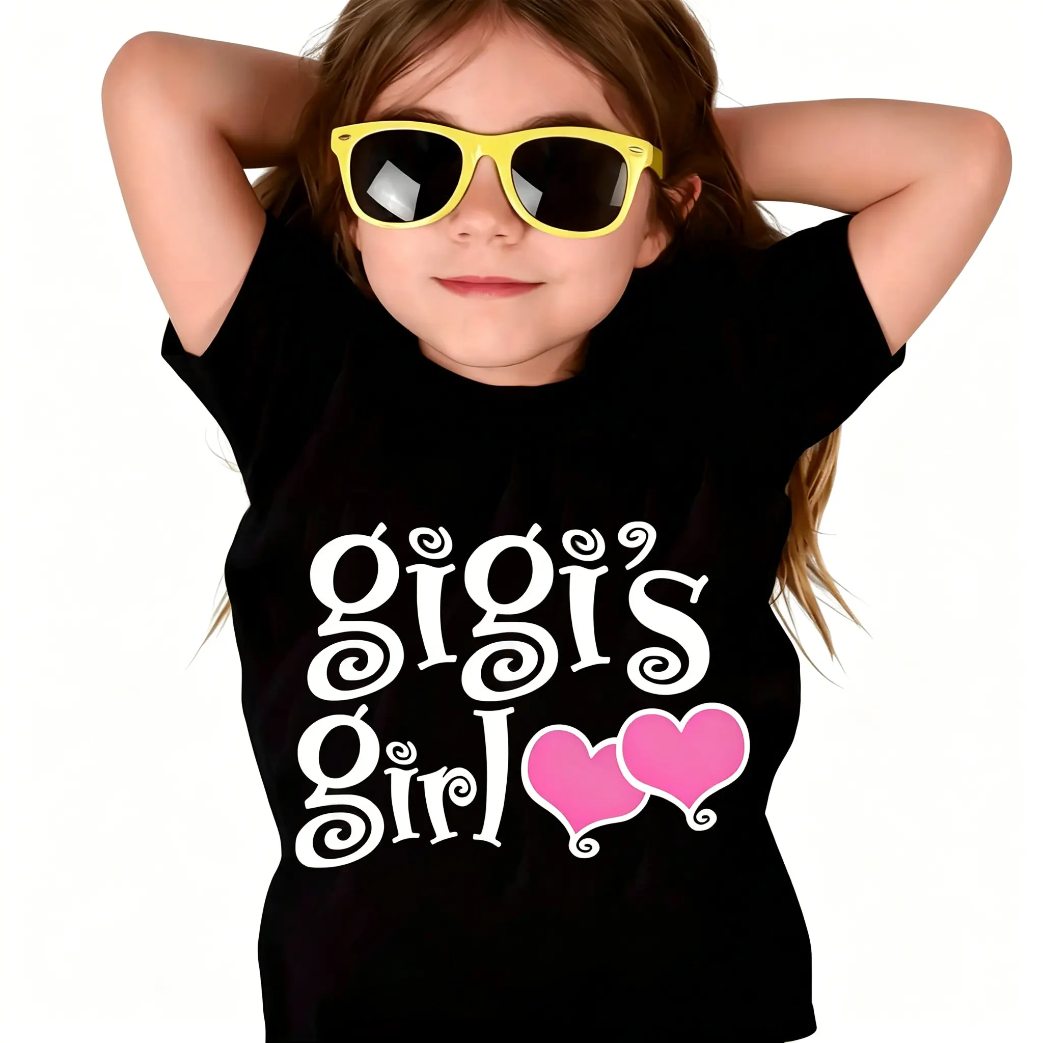 "Gigi's Girl" Girls' Positioning Print T-shirt, Classic Cotton Round Neck Short Sleeve T-shirt, Comfortable and Fashionable, Suitable for Summer, Spring and Autumn, Casual Daily Wear Children's Clothing, An Ideal Gift for Girls, Suitable for Children Grap