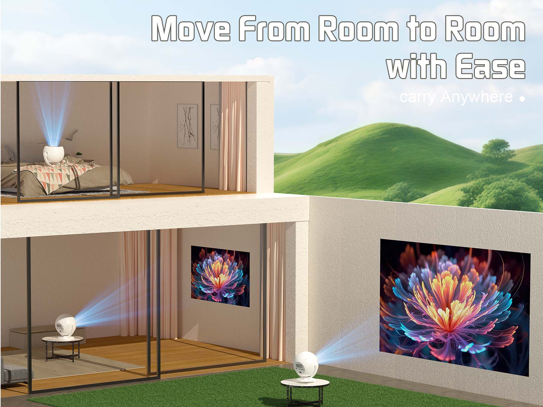 XBJ Mini smart portable projector with 360° rotatable,  wifi and bluetooth android 11 WiFi movie outdoor 4k with built-in app and remote control ceiling Christmas Present