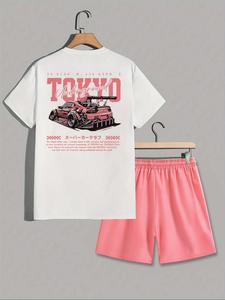 two-piece set men's car print crewneck tee & shorts, regular fit casual round neck short sleeve t-shirt & track shorts, matching shorts set, men's shortsleeve summer clothes, menswear