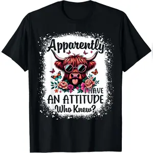 Apparently I Have an Attitude Who Knew Bleached Highland Cow T-Shirt Relaxed Fit Cotton T-Shirt
