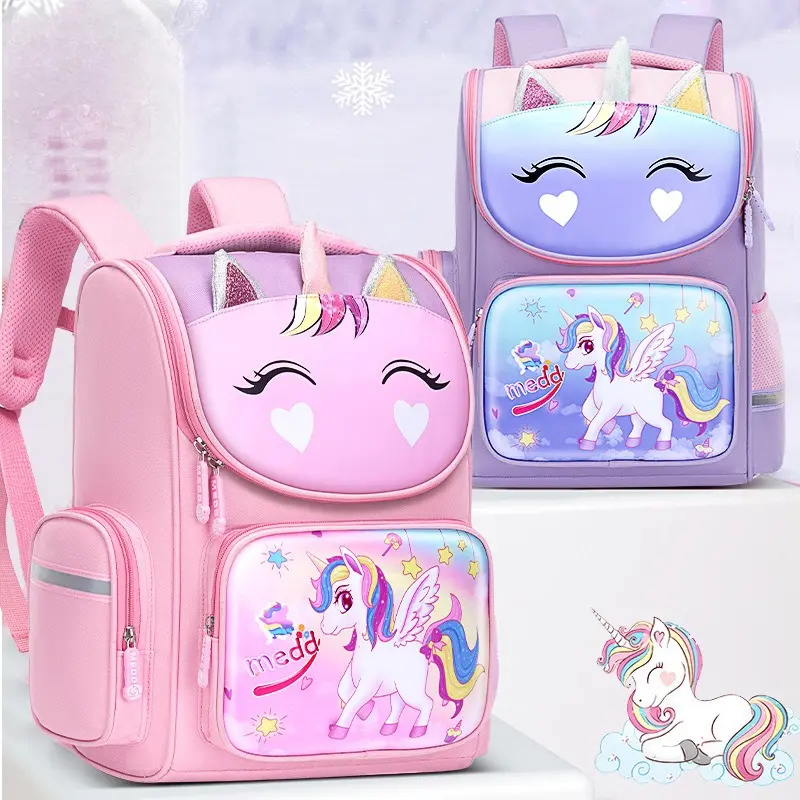 Kids Unicorn Backpack for Girls, Large Capacity Waterproof School Bookbag with Reflective Strip, Cute 3D Cartoon Lightweight Elementary Student Backpack, Anti-Light Daypack for Primary School Girls