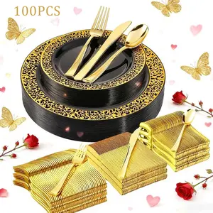 100 Piece Lace Plastic Party Tableware Set, Dinnerware with Lace, Perfect for Valentine's Day, Easter, New Year, Christmas