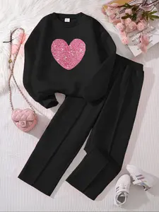 Girls' Heart Print Sweatshirt & Fleece Pants Set, Casual Fall Winter, Comfortable Woven Fabric, Elastic Waist, 2 Piece Set, Fashion Style Sets