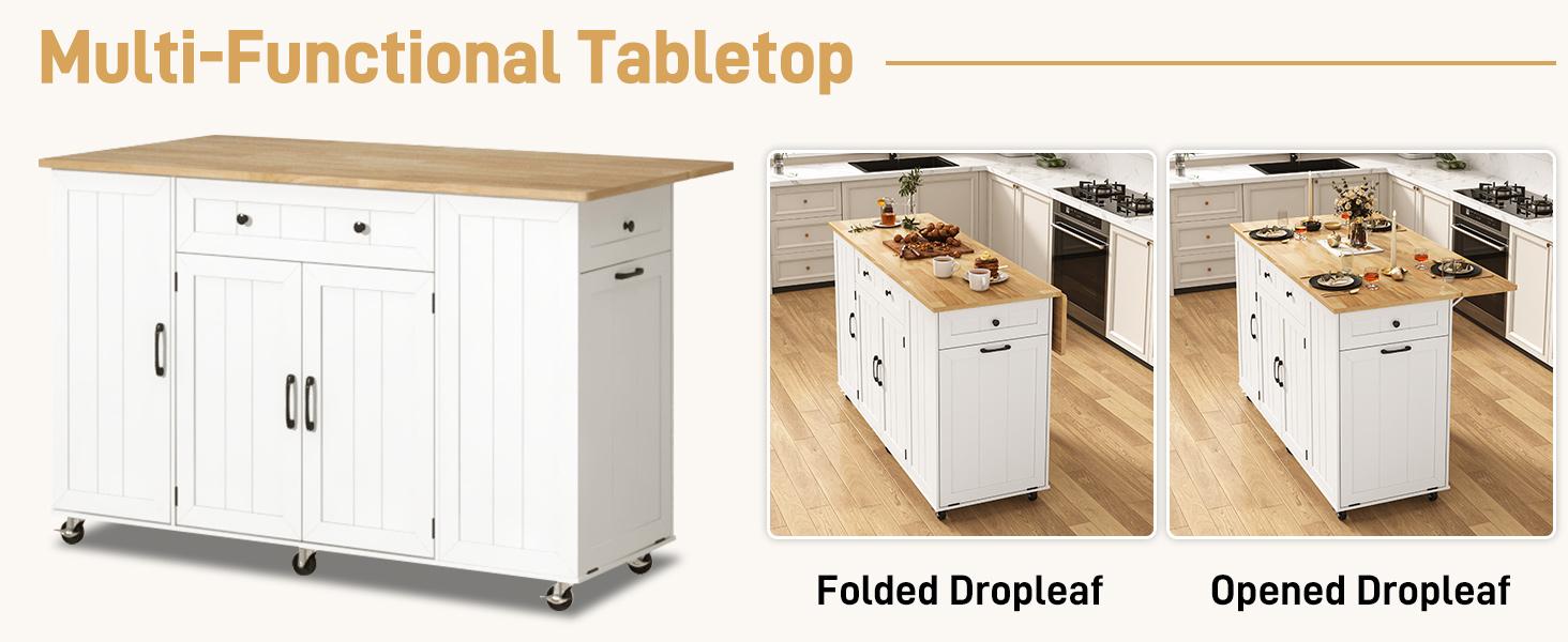 59" Rolling Kitchen Island Table on Wheels with Power Outlet & Drop Leaf, Mobile Kitchen Cart with Hidden Trash Storage Cabinet, Towel Rack for Kitchen