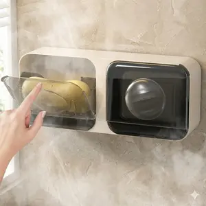 Wall-Mounted Soap Dish with Lid, Multi-Use Bathroom & Kitchen Storage Rack. Water Drainage Design Keeps Soap Dry, Easy to Clean with Holes. Fits Round & Square Soaps. Space-Saving Mount, Organize Your Sink Area. Practical & Neat Storage Solution.