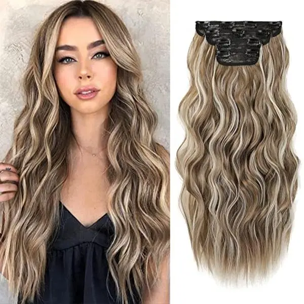 Final Stock: REECHO Hair Extensions 4PCS Clip in HE001 Natural Soft Synthetic Blonde Long Wavy Thick 20 Inch 200 Gram Pack for Women Beach Wavy Luxurious Lightweight