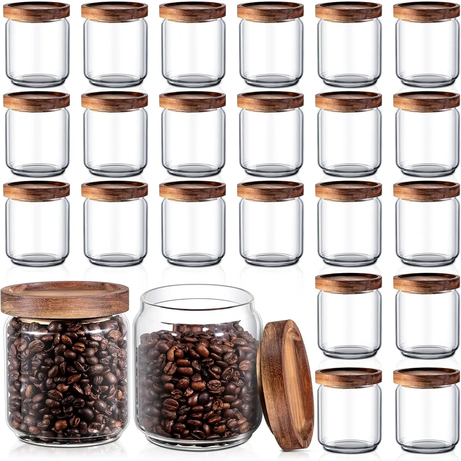 24-Pack 15 oz Stackable Glass Storage Jar Set, Food Safe Kitchen Containers with Wood Lids, BPA-Free Pantry Food Organizers for Coffee Beans, Cookies, Nuts, Spices, Snacks & Tea, Airtight Kitchen Utensils & Home Gadgets