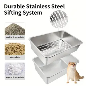 XL Stainless Steel Sifting Litter Box, Large Stainless Steel Cat Litter Box For Big Cats, Metal Litter Pan For Wood Pine Pellets, Easy Cleaning,