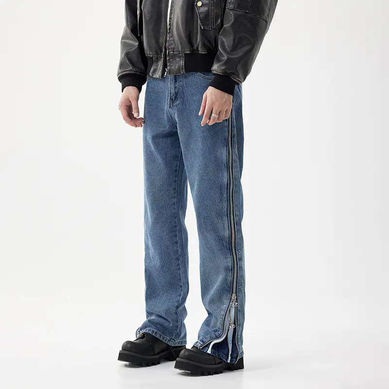Unisex bootcut jeans with a full zip front, ankle slit, medium wash, five pockets, high waist, micro flare, oversized loose fit, Y2K techwear street style for everyday wear