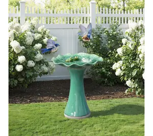 LuxenHome Aqua Green Ceramic Toadstool Birdbath with Two Frogs