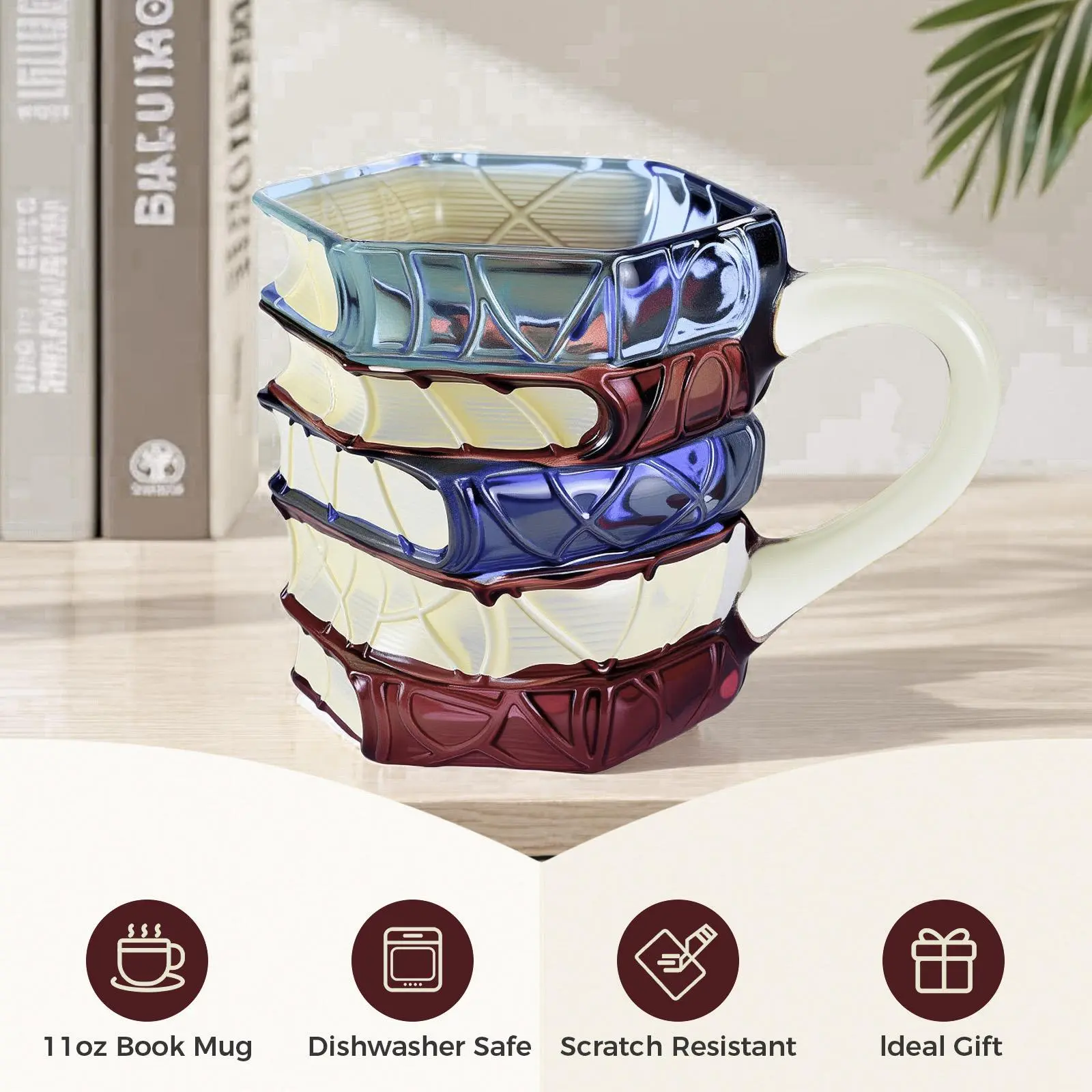 【DealsForYouDays】3D Hand-Painted Book-Shape Ceramic Coffee Mug 7oz - Wooden Accent, Stained Glass Effect, Reusable, Washable, Dishwasher-Safe, Scratch-Resistant, Unique Handmade Office Drinkware, Thoughtful Gift for Book Lovers