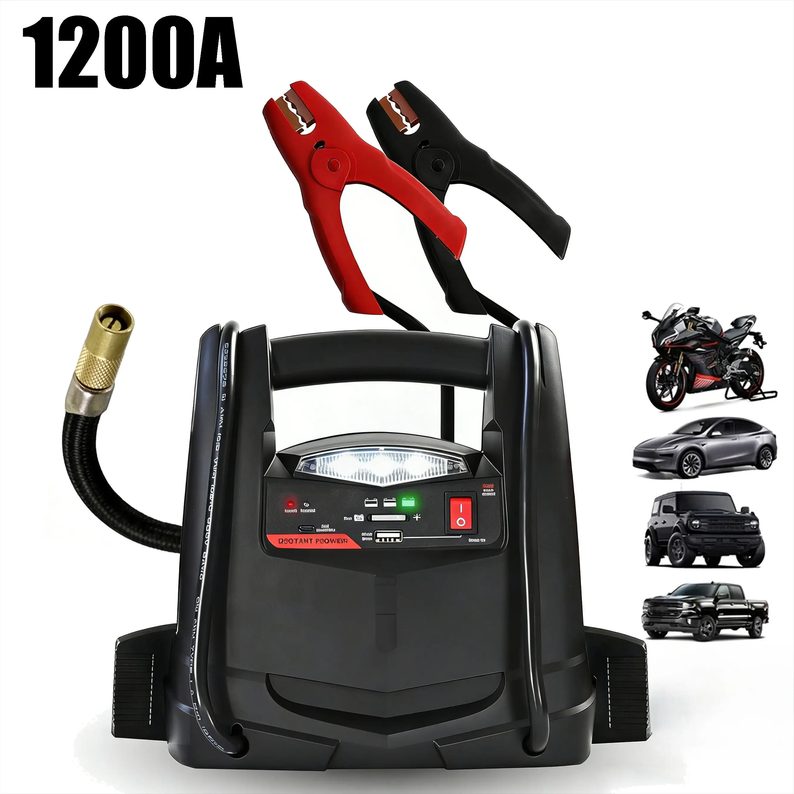 1200A Lithium Car Battery Jump Starter & Power Station Auto Accessory, 4-in-1 Automotive Tool Kit with 150-PSI Air Compressor, 2.4A USB Charging for 12V Truck, Vehicle Batteries