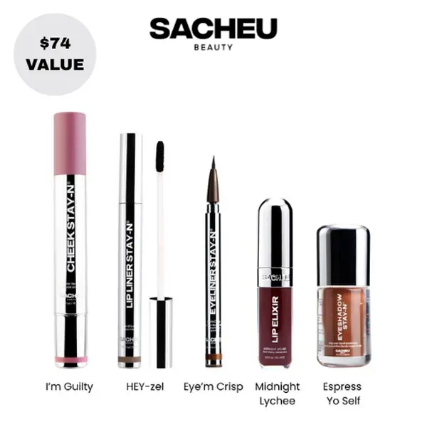 sacheu All Day Glam 5-Piece Makeup Set | Lip Liner, Gloss, Eyeshadow, Eyeliner & Cheek STAY-N Kit | Full Face Long-Wear Makeup Set