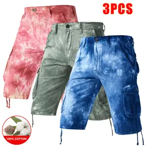 3-pack European/American summer casual pure cotton shorts—breathable, comfortable multi-piece set ideal for outdoor activities and commuting; retro pure cotton cargo shorts and men’s sports casual shorts; colorful shorts, washed finish, wear-resistant, wr