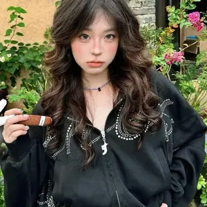 Women American Retro Hooded Sweatshirt Autumn Y2K Black Gothic Zip Short Jacket Autumn Winter Casual Loose Fashion Coat New