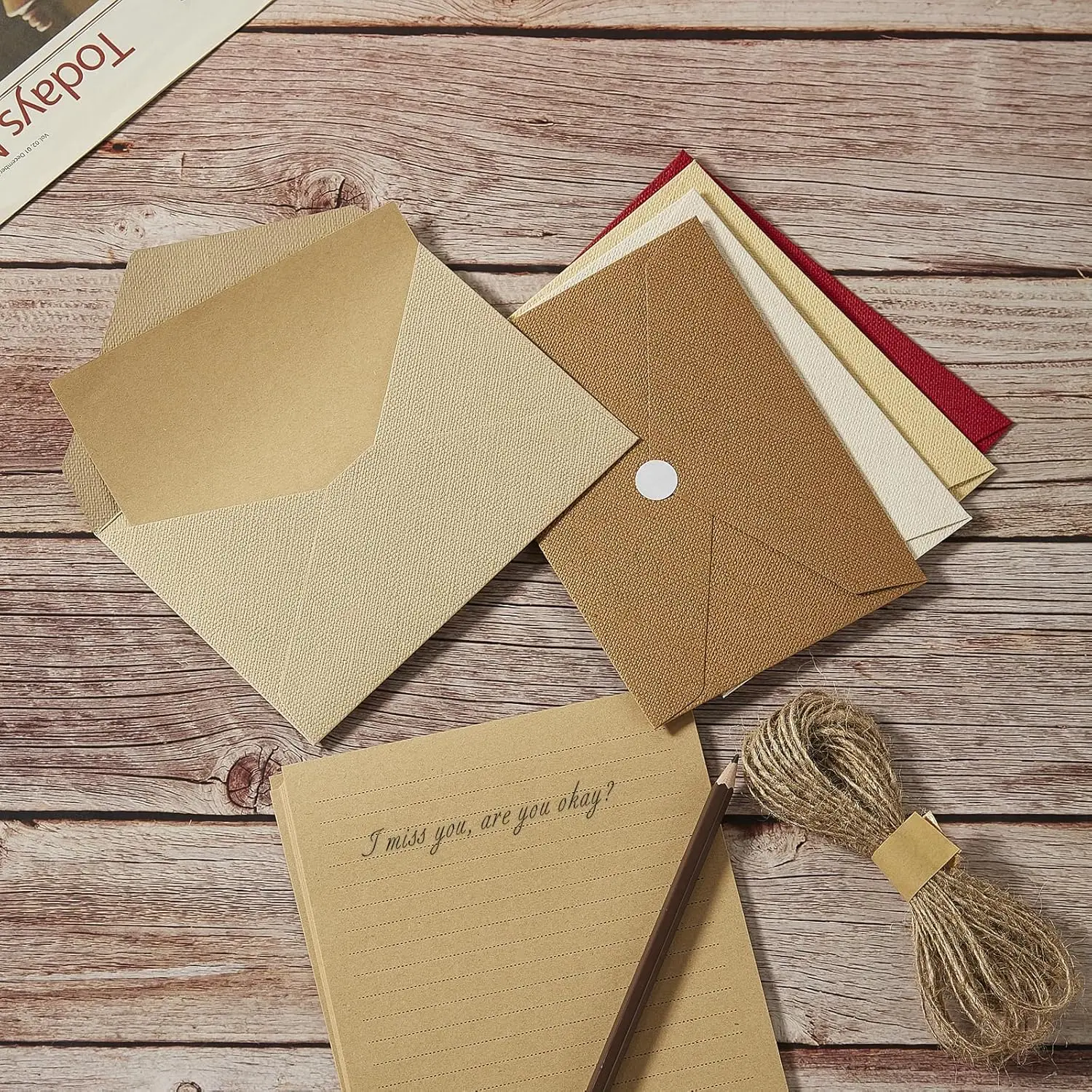 Gift Office Products Stationery Writing Paper and Envelopes Set - 4x6 Size, 20 Sheets Thick Paper, 10 Heavyweight Envelopes with Jute Seal for Letter Writing