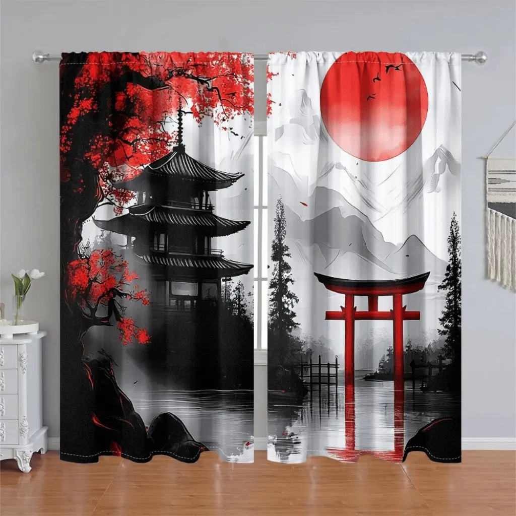 2Pcs Japanese Style Red & Black Temple Torii Gate Printed Curtain Panel, Home Decorative Curtain, Decor, Interior Decoration Accessories, Pole Pocket Semi-Sunshade Window Drapes for Home, Bedroom, Balcony, Kitchen, Study Decoration, Anti Priv