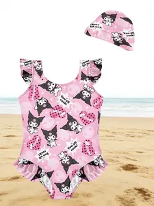 Girls One-Piece Swimsuit with Swim Cap, Cute Kuromi Character Print Ruffle Bathing Suit