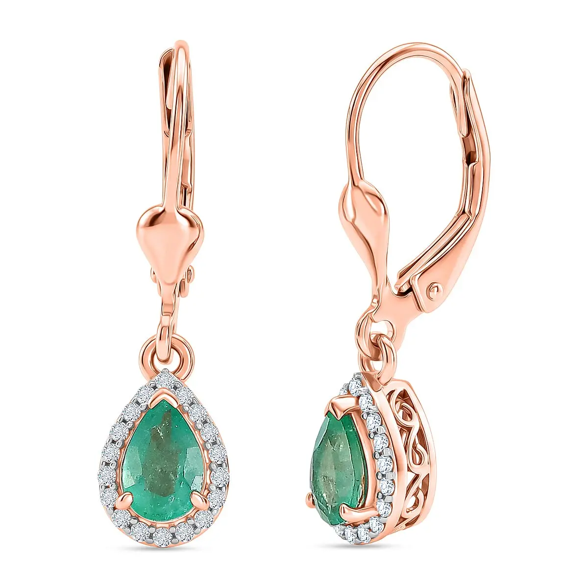 D'Joy Premium Kagem Zambian Emerald, Moissanite Earrings in 18K Vermeil RG Over Sterling Silver 0.90 ctw