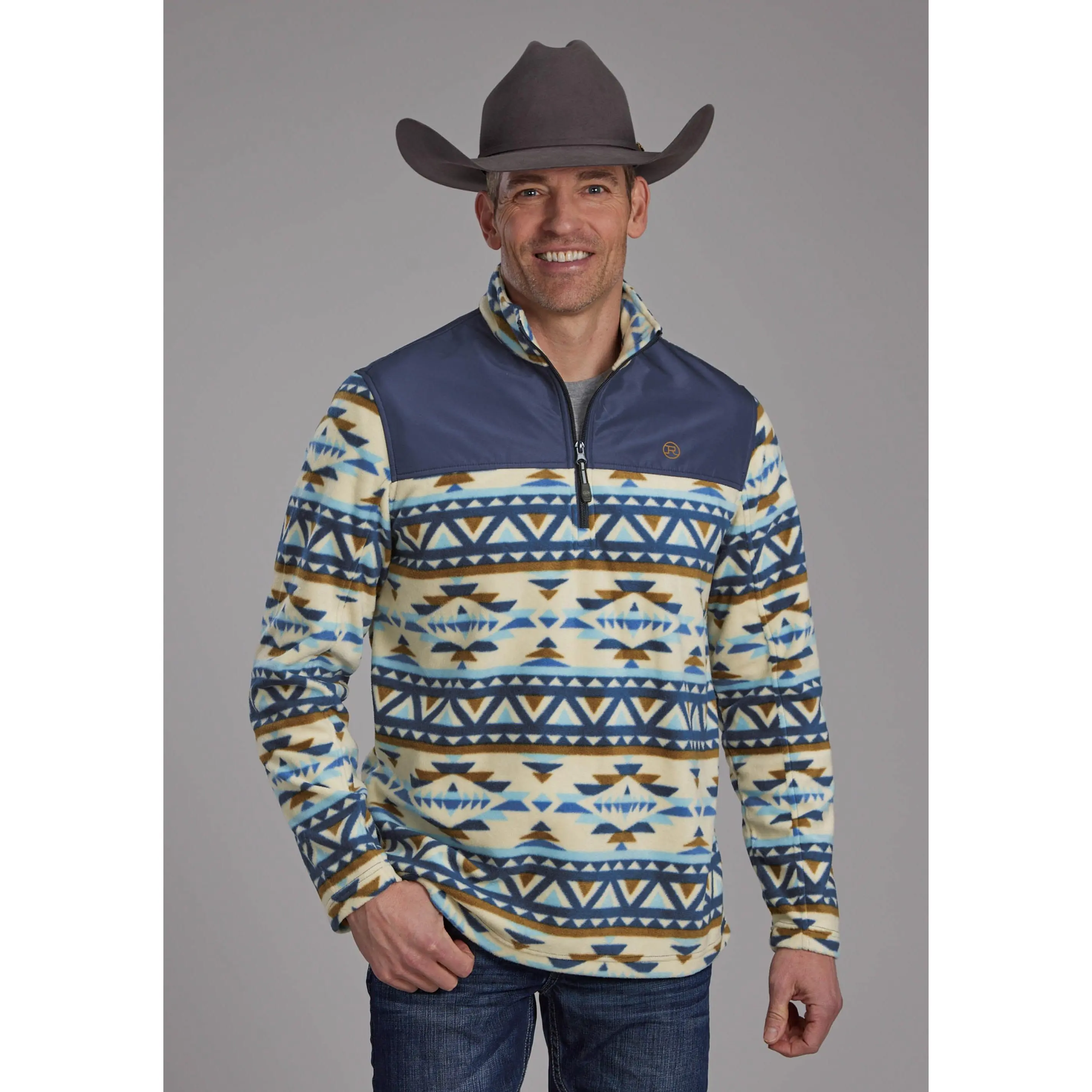 Mens Cream Navy Aztec Print Micro Fleece Zipper Jacket