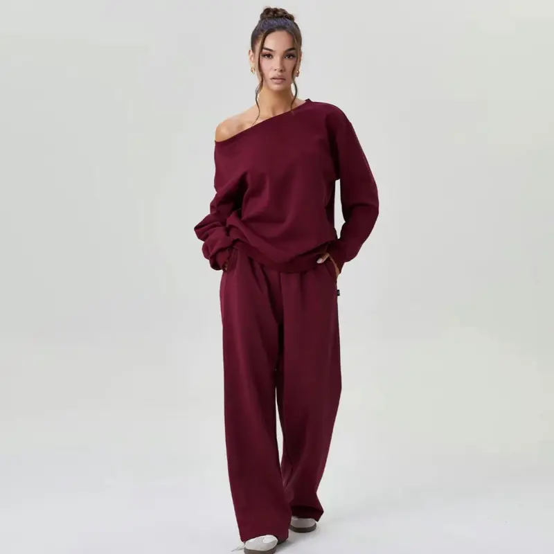 Women's Autumn and Winter Sports Pure Color Off-shoulder Long Sleeve Hoodie Set