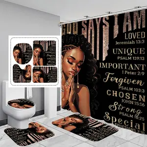 Bathroom Decorations, 1 Set Including Shower Curtain with 12 Hooks & Toilet Lid Cover & Mat & U Shaped Mat, Bathroom Accessories for Home Decor, Restroom Household