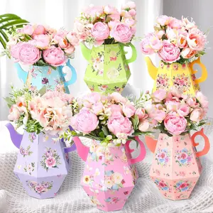 6 Pcs DIY Tea Party Centerpieces for Table Spring Summer Wedding Party Decorations 6.8'' Teapot Princess Flower Vase Boxes Table Decor for Floral Themed Birthday Baby Shower, 6 Styles Floral Display Ornaments