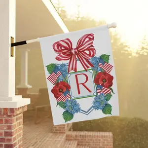 Custom Garden Flag, Preppy Bow Name Sign Patriotic Hydrangea America, Personalize Yard Art Initial Red White Blue Outdoor, Mailbox Decor Poppy
