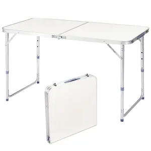 4Ft Portable Multipurpose Folding Table – Silver Aluminum Frame Outdoor Dining Table, Adjustable Height 21.6-27.5 Inch, 30KG Capacity, Lightweight Camping Picnic Party Table