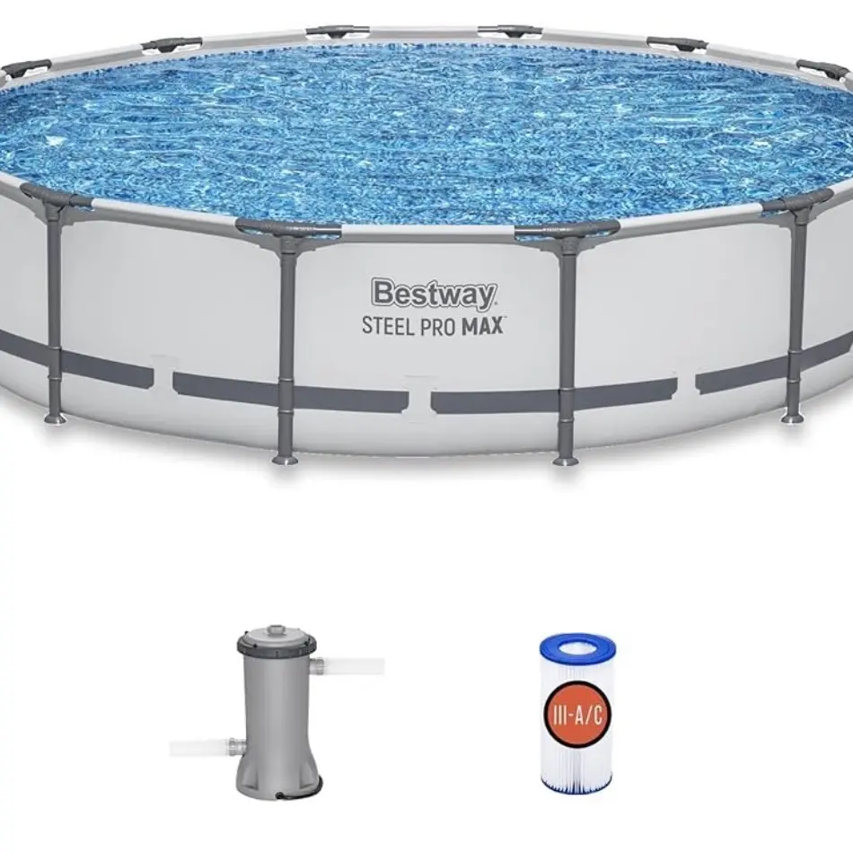 Bestway Steel Pro MAX 14' x 33" Round Above Ground Swimming Pool Set, 530 GPH Filter Pump, Tritech Puncture Resistant Liner, ClickConnect Steel Frame, Gray
