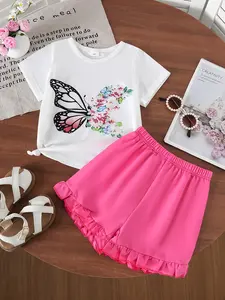 Summer Girls Casual Solid Color Butterfly Print Short Sleeve T-Shirt + Simple Solid Lace Hem Shorts Two-Piece Set